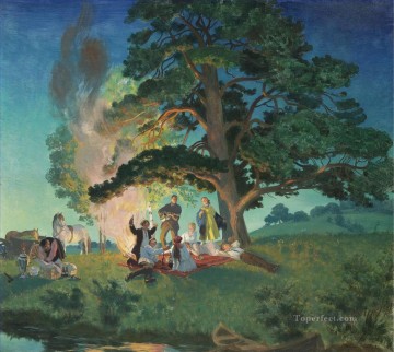 風景 Painting - ピクニック ボリス・ミハイロヴィチ・クストーディエフ 森の木々の風景